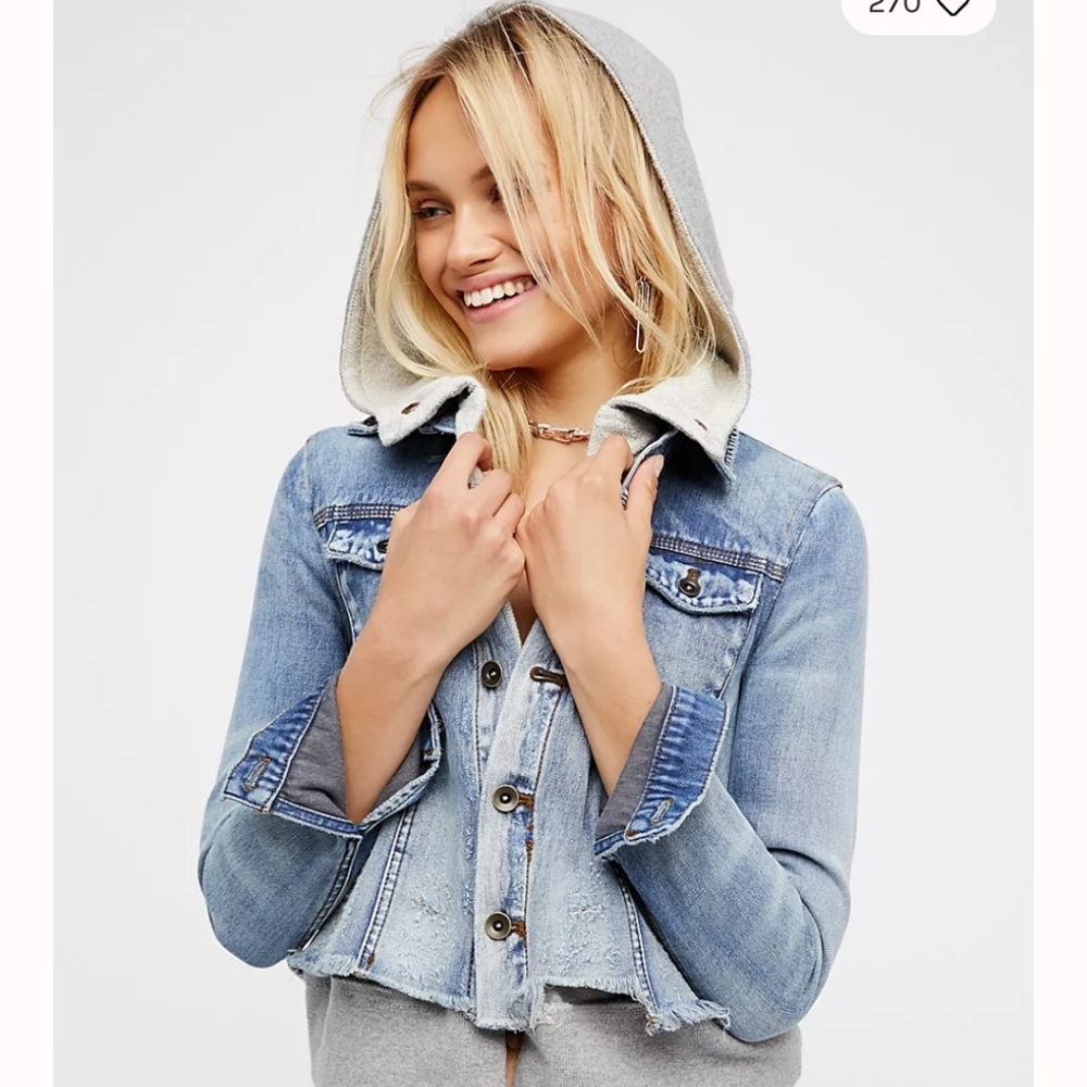 Free People Light Wash Denim Hooded Jacket